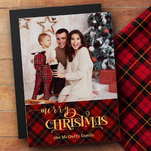 Gold Frohe Weihnachten auf Red Tartan Foto Magnetkarte