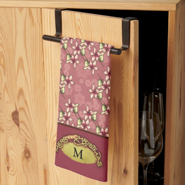 Gold Frohe Weihnachten Red Poinsettia Mit Monogram Geschirrtuch (Drittel gefaltet)