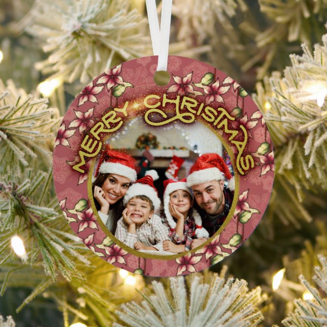 Gold Frohe Weihnachten Red Poinsettia und Schneefl Ornament Aus Metall (InSitu)