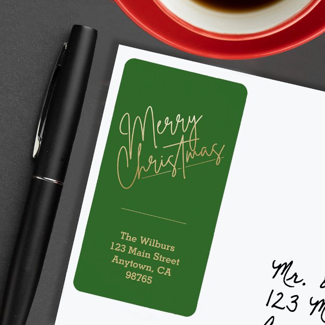 Gold Frohe Weihnachten-Rücksendeadresse" Adressaufkleber (Gold Merry Christmas on Green Return Address Labels)