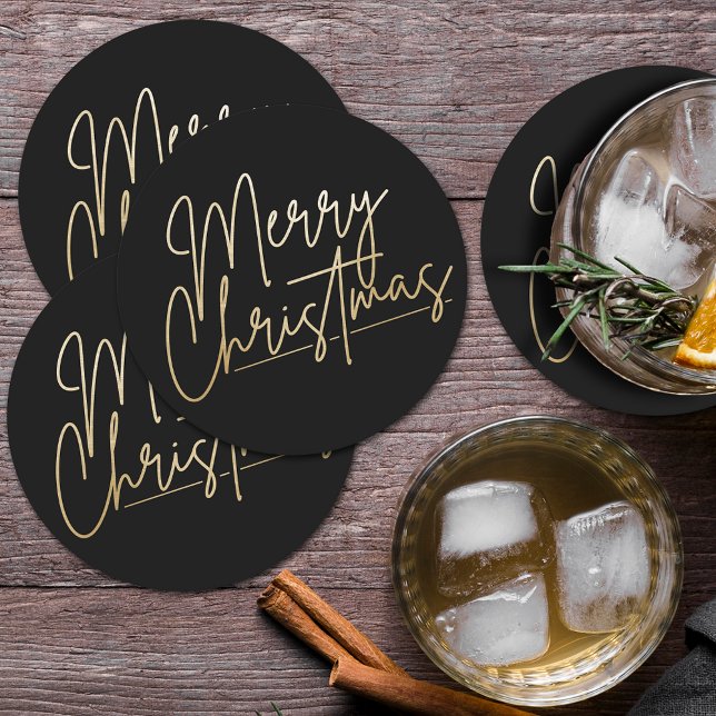 Gold Frohe Weihnachten Schwarz Runder Pappuntersetzer (Von Creator hochgeladen)