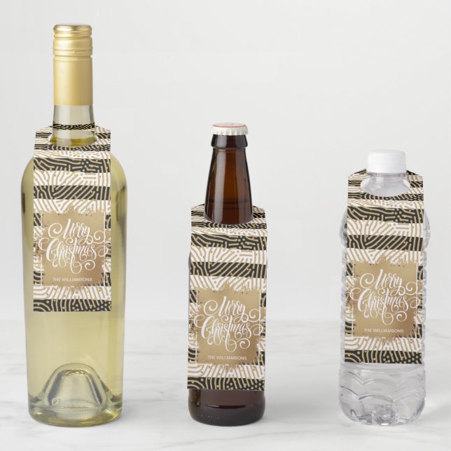 Gold Frohe Weihnachten Schwarz-weiße Streifen Flaschenanhänger (Beispiel)