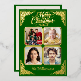 Gold Frohe Weihnachten, vier Bilder, Lila, Namen Folien Feiertagskarte