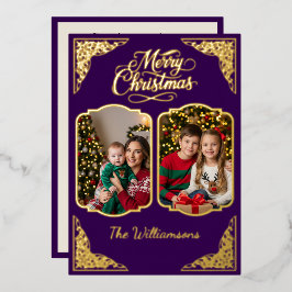 Gold Frohe Weihnachten, zwei Bilder, lila, Gold Folien Feiertagskarte