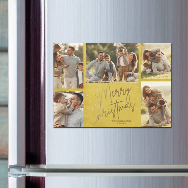 Gold Frohe Weihnachts-Fotos Gelbe Magnetkarte (Faux gold Merry Christmas 5 photo gold border magnetic Christmas cards)