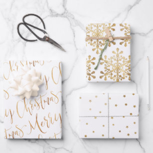 Gold Frohe Weihnachts-Script Snowflakes Star Geschenkpapier Set