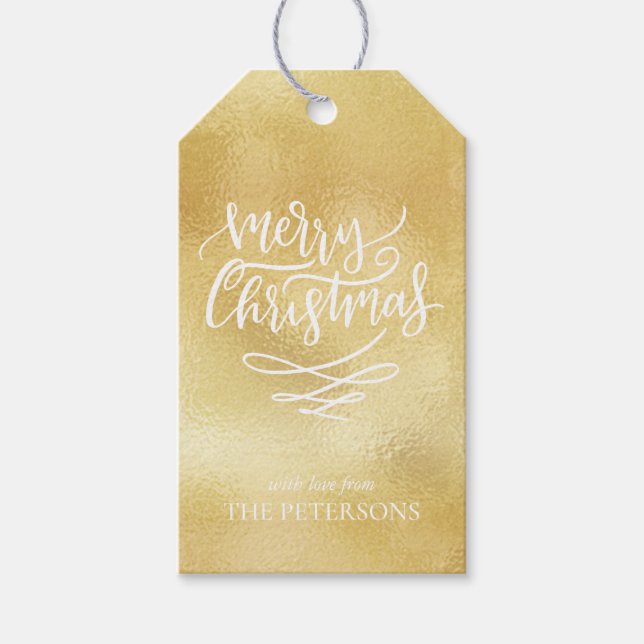 Gold Frohe Weihnachts-Script Weihnachtsbaumen Geschenkanhänger (Vorderseite)