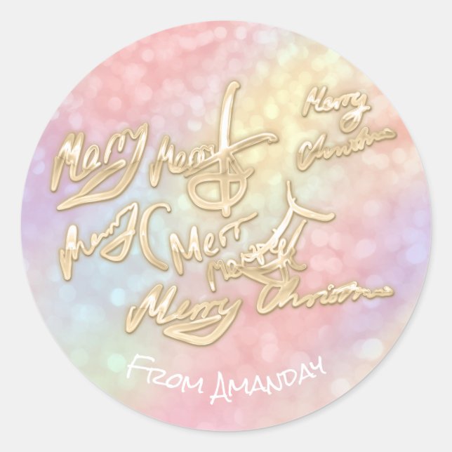 Gold Frohe Weihnachtsschrift aus Holographic Spark Runder Aufkleber (Vorderseite)