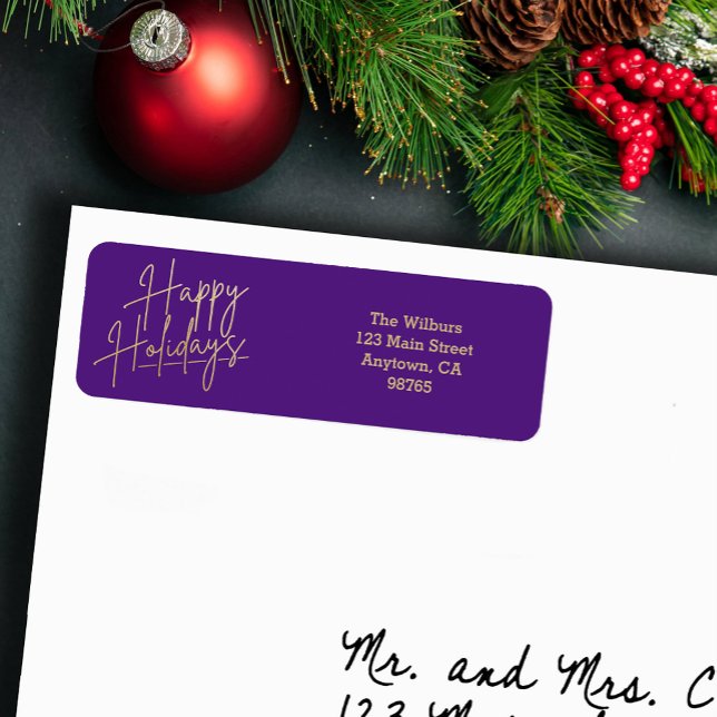 Gold Fröhliche Feiertage Lila Rücksendeadresse (Gold script Happy Holidays on small purple horizontal return address labels)