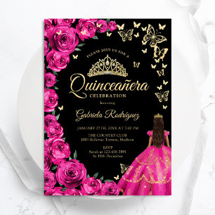 Gold Fuchsia Pink Roses Schmetterlinge Quinceanera Einladung