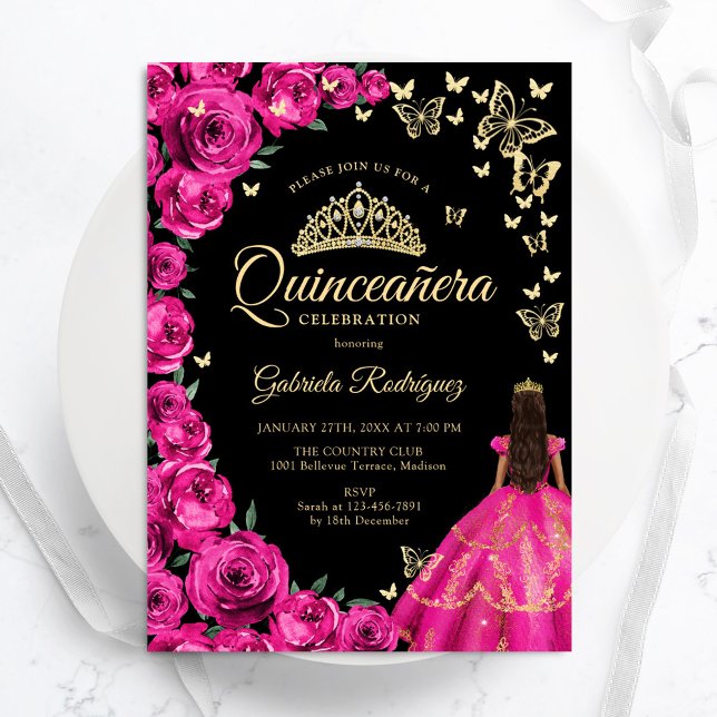 Gold Fuchsia Pink Roses Schmetterlinge Quinceanera Einladung (Von Creator hochgeladen)