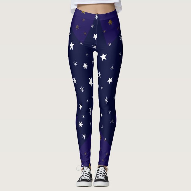 Gold Funkelnd Sterne und weiße Sterne auf blauem H Leggings (Vorderseite)