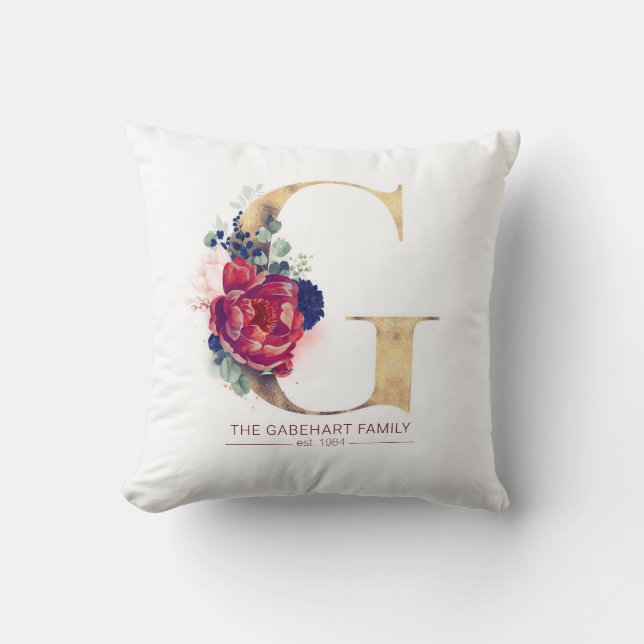 Gold G Monogram Floral Burgund Red and Navy Blue Kissen (Vorderseite)