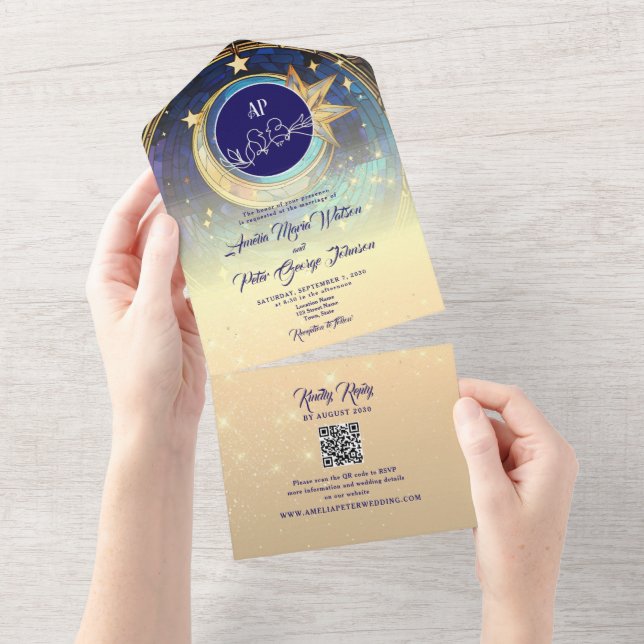 Gold Galaxy Starry Night Wedding All In One Einladung (Abreißen)
