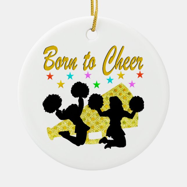 GOLD GEBOREN ZU CHEER MEGAPHONE CHEERLEADER KERAMIK ORNAMENT (Vorne)
