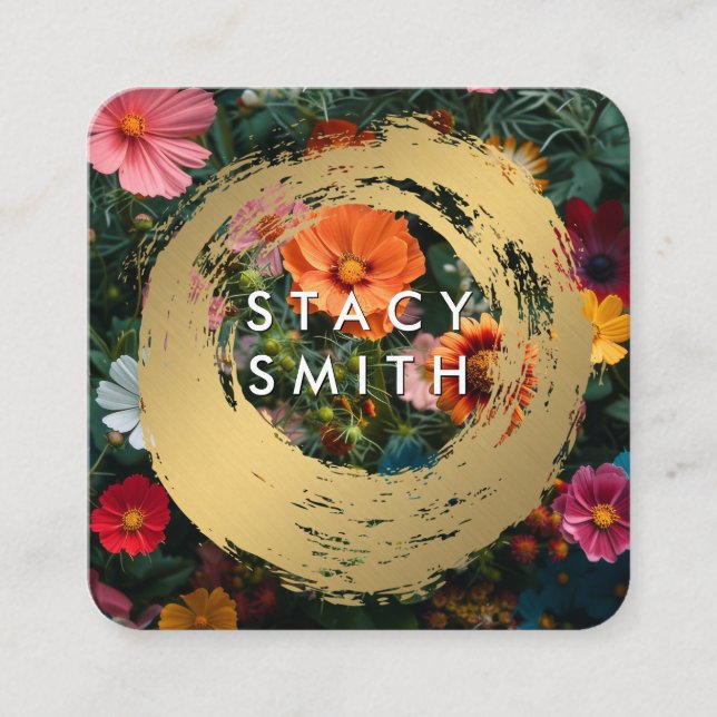 Gold gebürstet | Farbige Blume Quadratische Visitenkarte (Vorderseite)