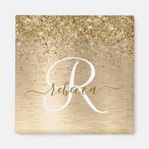 Gold gebürstetes Metall Glitter Monogramm Name Magnet