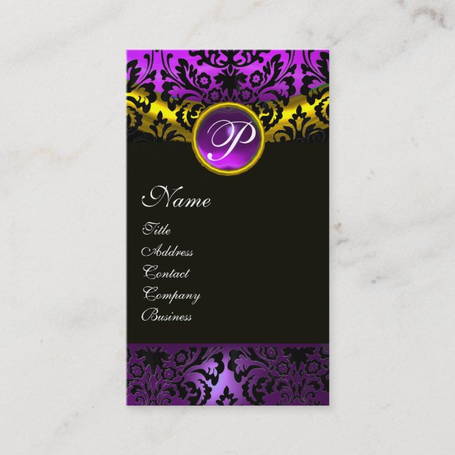 GOLD GELBSCHWARZ LILA AMETHYST DAMASK MONOGRAMM VISITENKARTE (Vorderseite)