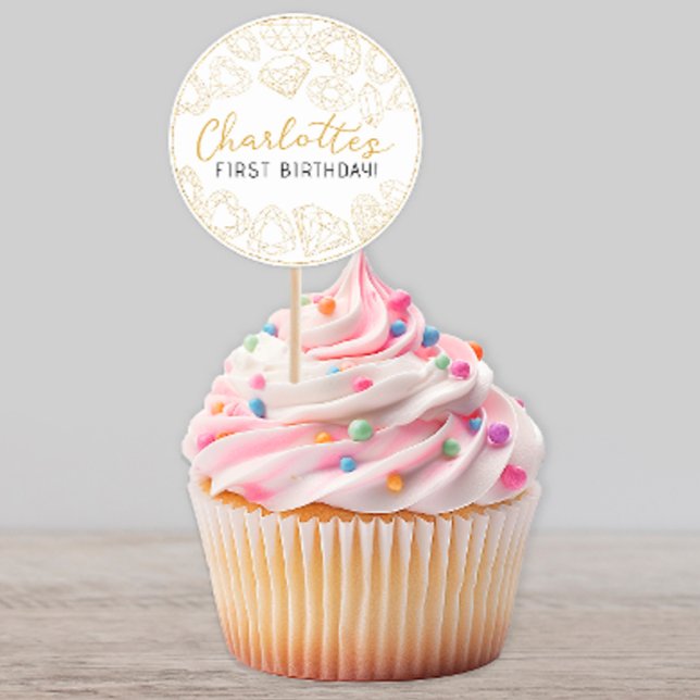 Gold Gem First Birthday - Custom Party Stickers (gold glitter gem birthday party sticker)