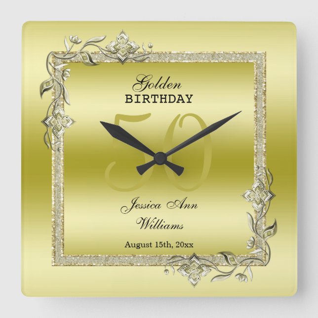 Gold Gem & Glitter 50th Golden Birthday Quadratische Wanduhr (Vorderseite)
