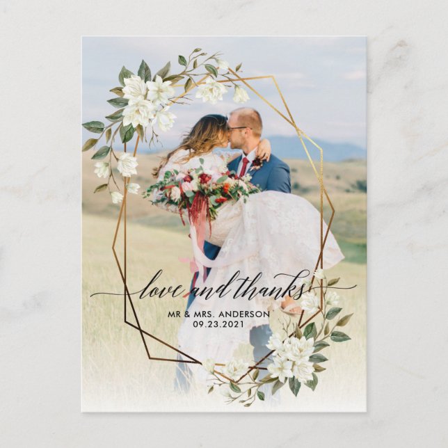 Gold Geo Frame Magnolia Foto Hochzeit Vielen Dank Postkarte (Vorderseite)