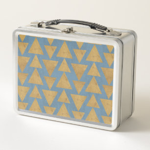 Gold Geo-Schritt-  im Freien u. blaues Muster Metall Lunch Box