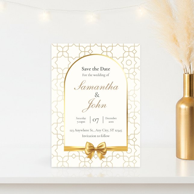 Gold Geometric Arch Photo Save the Date Cards Einladung (Gold & Ivory Geometric Art Deco Wedding Save the Date Card)