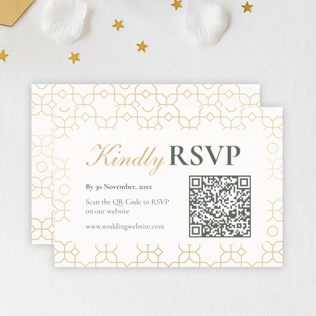 Gold Geometric Arch Wedding RSVP with QR Code (Gold & Ivory Geometric Art Deco Wedding Kindly RSVP with Barcode)