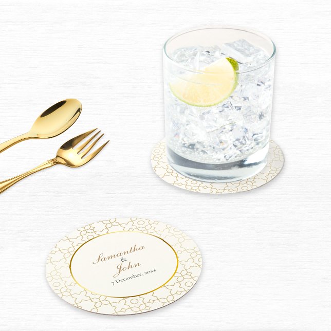 Gold Geometric Art Deco Pattern Wedding Runder Pappuntersetzer (Gold & Ivory Geometric Art Deco Wedding Paper Coasters)