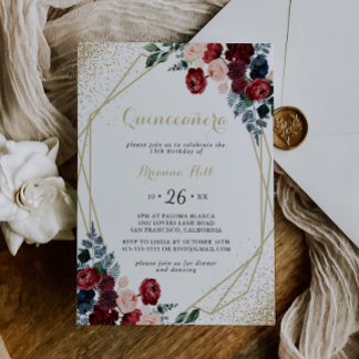 Gold Geometric Burgundy Navy Floral Quinceañera Einladung