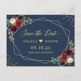 Gold Geometric Burgundy Navy Floral Save the Date Postkarte