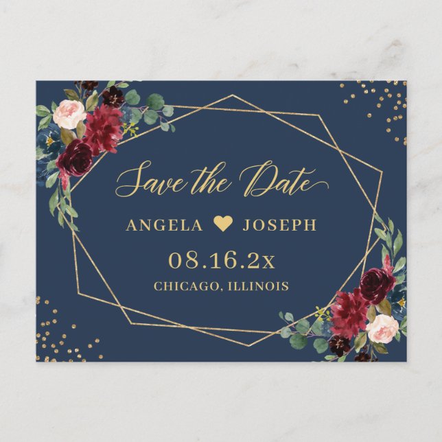 Gold Geometric Burgundy Navy Floral Save the Date Postkarte (Vorderseite)