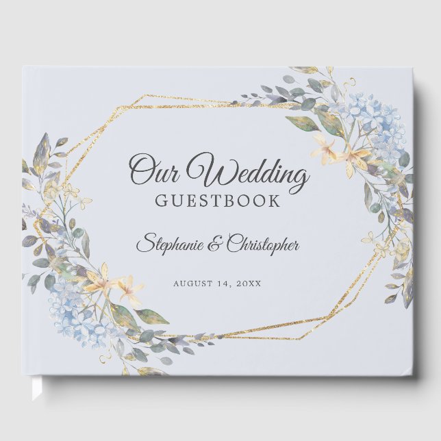 Gold Geometric Dusty Blue Florals Wedding Gästebuch (Vorderseite)