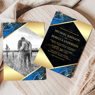 Gold Geometric Royal Blue Marble Photo Wedding Einladung