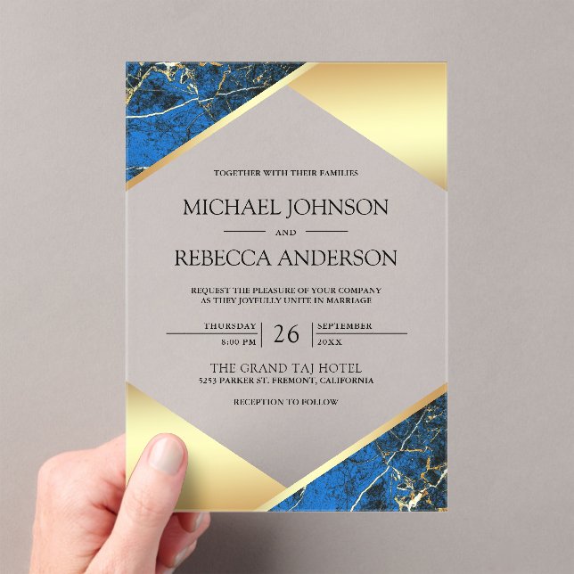 Gold Geometric Royal Blue Marble Wedding Acryleinladungen (Insitu (Handheld))