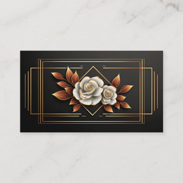 Gold Geometric White Rose Floral Midnight Black Visitenkarte (Vorderseite)