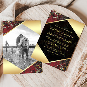Gold Geometrie Burgunderrote Marmor-Foto-Hochzeit Einladung