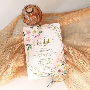 Gold Geometrisch Rosa Hauch Floral Brautparty   Einladung