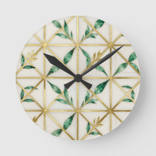 Gold geometrisches Smaragd-Blatt Luxus-Muster Runde Wanduhr