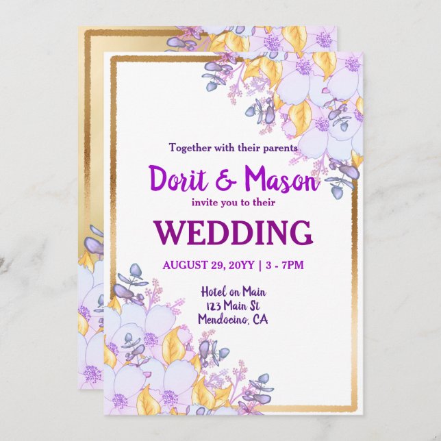 Gold, Gerahmt, Lila und Gold Einladung (Vorne/Hinten)