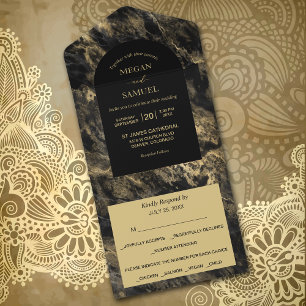 Gold geränderter Smoky Black Marmor Foto Hochzeit All In One Einladung