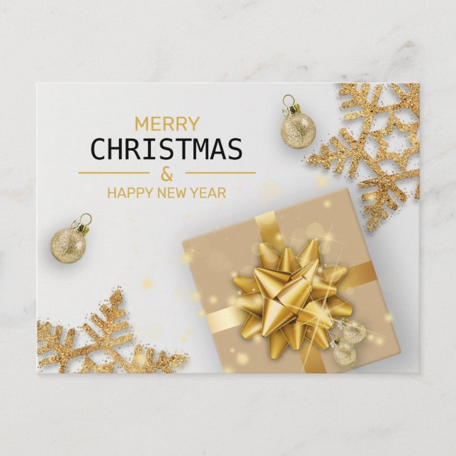 Gold Geschenkboxen Gold Schneeflocken Weihnachtsbä Feiertagspostkarte (Vorderseite)