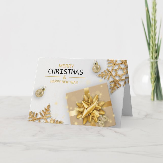 Gold Geschenkboxen Weihnachtsbälle Gold Snowflakes Karte (Vorderseite)