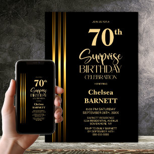 Gold gestreifte schwarze 70er Surprise-Party zum G Einladung