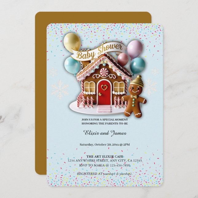Gold Gingerbread House Baby Dusche Einladung (Vorne/Hinten)