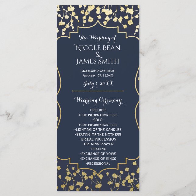 Gold Gipskraut Floral Blue Wedding Program Programm (Vorderseite)