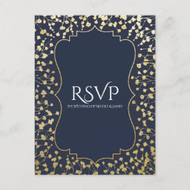 Gold Gipskraut Floral Blue Wedding RSVP Einladungspostkarte
