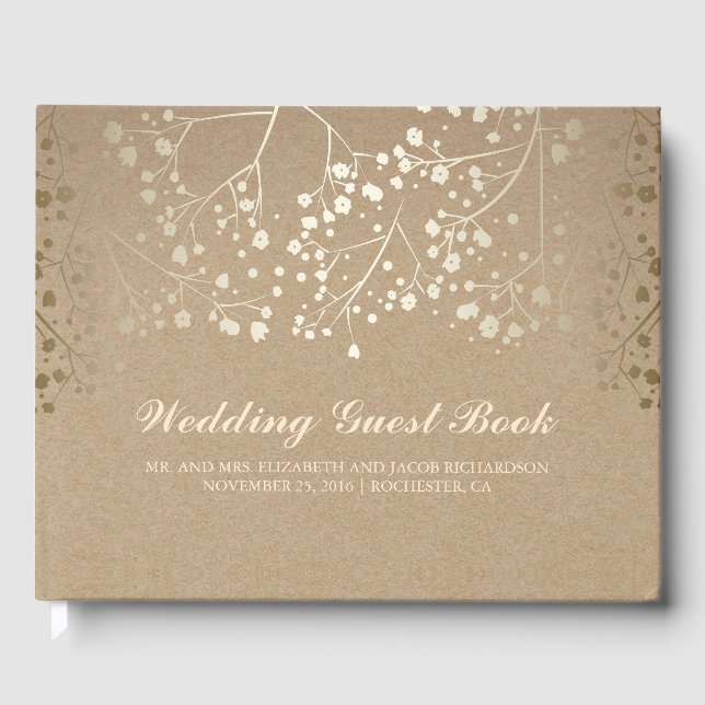 Gold Gipskraut floral Kraft Style Wedding Gästebuch (Vorderseite)
