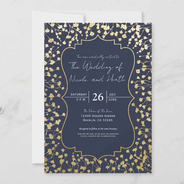 Gold Gipskraut Floral Rustic Blue Wedding Einladung (Vorderseite)