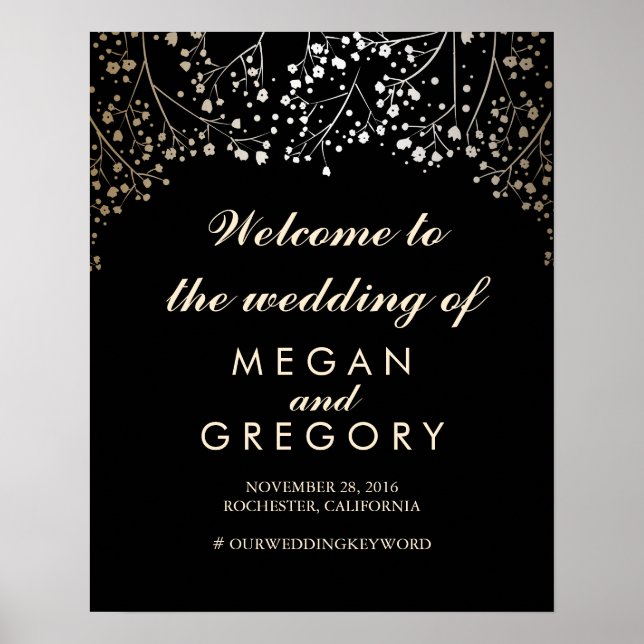 Gold Gipskraut Wedding Welcome Sign Black Poster (Vorne)